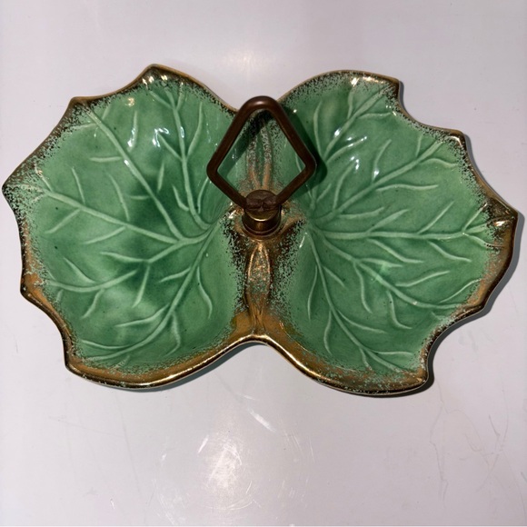 Vintage California Pottery Green Leaf Double Sided Serving Bowl MCM Handle Gold - Picture 3 of 10